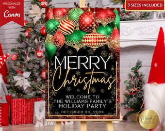 Letrero de bienvenida navideño editable, decoración navideña, adornos rojos y verdes, plantilla imprimible de Canva, descarga.