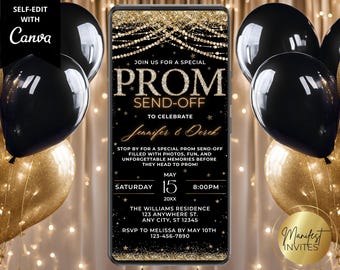Digital Glam Prom Send Off Party Invitation, Black and Gold Diamonds, His and Hers Teen Couples Party, Phone Evite, Editable Canva Template