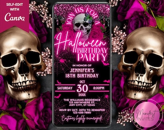 Digital Women's Pink Neon Glam Skull Halloween Birthday Party Invitation, Girl's Night, Phone Evite, Editable Template, Instant Download