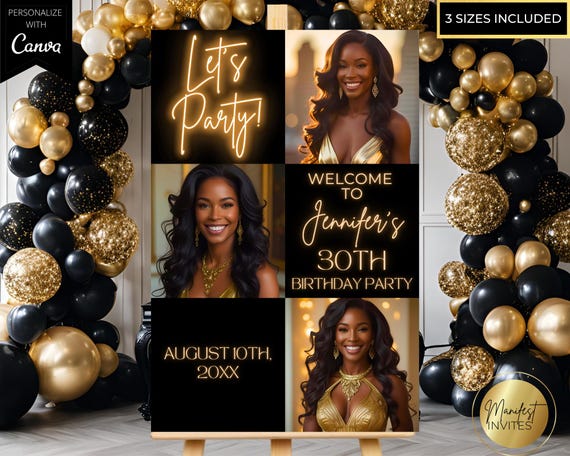 Editable Let's Party Black Gold Neon Photo Collage Birthday Party Welcome Sign, Printable Party Decor, Canva Template, Instant Download