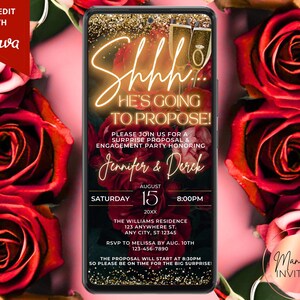 Puede incluir: Una invitación digital en la pantalla de un smartphone, rodeada de rosas rojas. La invitación dice "¡Shhh, se va a declarar!" con detalles de la fiesta de compromiso de Jennifer y Derek.