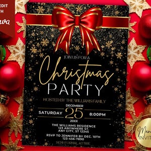 Faire-part de Noël élégant modifiable, cocktails pour le dîner de Noël, noeud rouge festif, modèle de toile imprimable, téléchargement immédiat