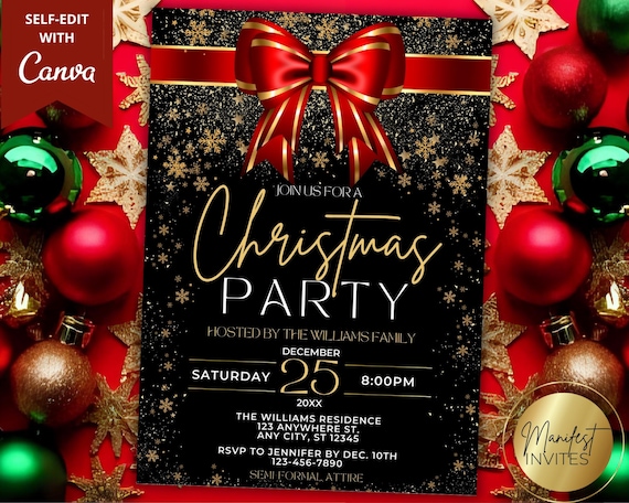 Editable Elegant Christmas Holiday Party Invitation, Xmas Dinner Cocktails,  Festive Red Bow, Printable Canva Template, Instant Download - Etsy
