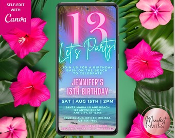 May include: A digital invitation for a 13th birthday party with a tropical theme. The invitation features a beach scene with palm trees and turquoise water. The text reads "Let's Party!" with a pink neon number 13. The invitation also includes details about the party, such as the date, time, and location.