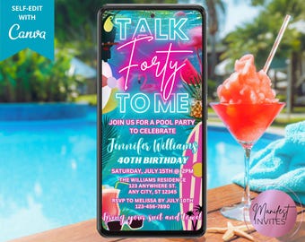 Digital Talk Forty To Me 40th Birthday Pool Party Invitation, Neon Tropical Summer Beach Luau BBQ Party, Text Evite, Editable Canva Template