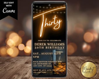 Digitale mannen 30e verjaardag uitnodiging whisky partij whisky, elektronische telefoontekst Evite, bewerkbare canva-sjabloon, instant download, WM42