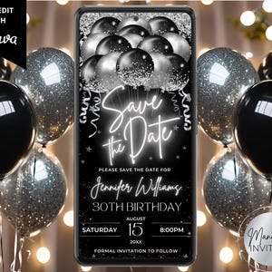 Digital Black Silver Balloons Glitter Neon Save The Date Invitation, Birthday Graduation, Text Evite, Editable Template, Instant Download