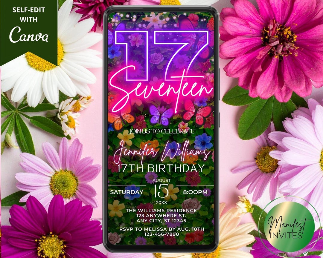 17th Spring Digital 17th Birthday Spring Garden Party Invitation, Pink Purple Neon ...