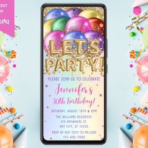 Digital Let&#39;s Party Rainbow Balloons Birthday Party Invitation, Electronic Phone Text Message Evite, Editable Template, Instant Download