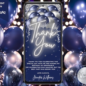 Digital Navy Blau Silber Glitzer Luftballons Neon Danke, Einladung, Geburtstag Abschlussfeier, bearbeitbare Vorlage, Text Evite, Sofort Download