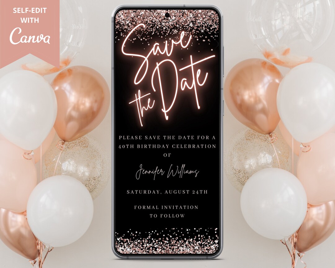 Digital Rose Gold Neon Save the Date Invitation, Electronic Save the