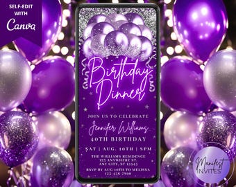 Digital Birthday Dinner Purple Silver Balloons Party Invitation, Elegant Glam, Phone Text Evite, Editable Template, Instant Download, PS82