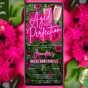 Digital Wine Tasting Birthday Party Invitation, Aged to Perfection, Pink Neon Greenery, Phone Evite, Editable Template, Instant Download