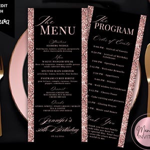 Editable Elegant Rose Gold Glitter Menu Program & Thank You Note Card, Glam Birthday Graduation Dinner Party Decor, Printable Canva Template