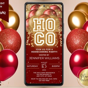Digital Homecoming Celebration Party Red Gold Balloons Invitation, After Party, Phone Text Evite, Editable Template, Instant Download