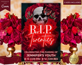 Editable RIP Twenties 30th Birthday Welcome Party Sign, Death To My 20s, Skull Roses, Printable Sign, Editable Template, Instant Download