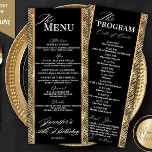 May include: Two black and gold rectangular cards featuring a geometric border pattern. One card is titled The Menu, listing food and drink items for Jennifer's 30th Birthday. The other card is titled The Program, detailing an event schedule.
