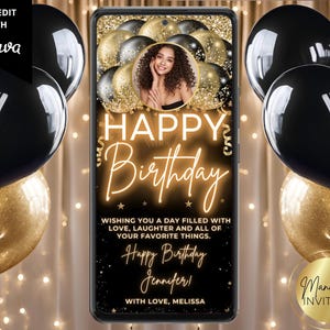 Digital Glam Happy Birthday Gruß Foto eCard, Schwarz Gold Glitter Luftballons, Text oder E-Mail, bearbeitbare Canva Vorlage, sofortiger Download