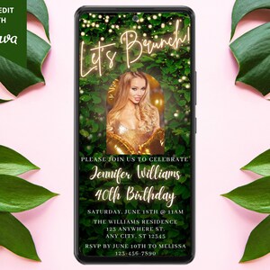 Digital Photo Template Let&#39;s Brunch Birthday Invitation, Electronic Phone Evite, Gold Neon Greenery, Editable Template, Instant Download