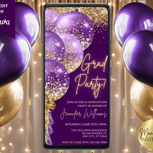 Digital Graduation Party Invitation, Purple Gold Balloons, High School College Grad Party, Text Evite, Editable Template, Instant Download