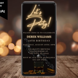 Electronic Men's Let's Party Whiskey Cigar Birthday Invitation, Digital Mobile Phone Text Evite, Editable Template, Instant Download, WM42