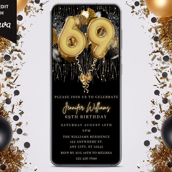 69th Birthday Party Digital Invitation, Electronic 69th Birthday Invitation, Black Gold, Mobile Evite, Editable Template, Instant Download
