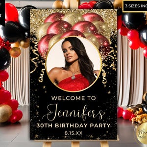 Bearbeitbares Foto Rot Gold Luftballons Party Willkommensschild Vorlage, Abschlussschild, druckbare Geburtstagsdekoration, Canva Vorlage, Sofort Download