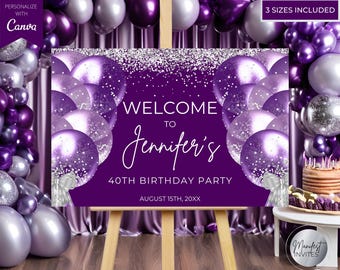 Editable Purple Silver Glitter Balloons Glam Welcome Sign Template, Printable Birthday Graduation Party Decor, Canva, Instant Download