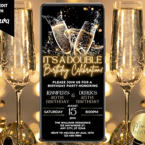 Digital Adult Joint Double Birthday Celebration Party Invitation, Electronic Text Evite, Gold Champagne, Editable Template, Instant Download