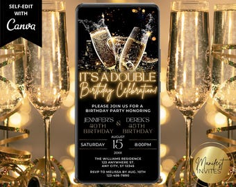 Digital Adult Joint Double Birthday Celebration Party Invitation, Electronic Text Evite, Gold Champagne, Editable Template, Instant Download