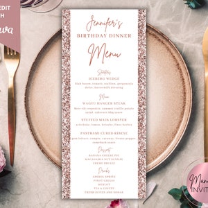 Carta menu modificabile per cena di compleanno con glitter oro rosa rosa, carta menu cena stampabile e bevande, modello modificabile, download istantaneo
