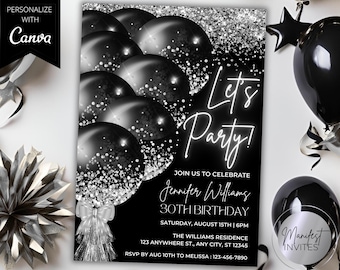 Invitación editable "Let's Party" con globos negros y plateados brillantes, tarjeta de cumpleaños imprimible, plantilla de Canva, descarga instantánea.