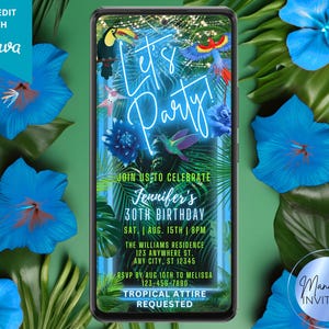 Digital Tropische Hawaiianische Luau BBQ Let&#39;s Party Geburtstagseinladung, blaues Neon, elektronisches Telefon Evite, bearbeitbare Vorlage, Sofort Download