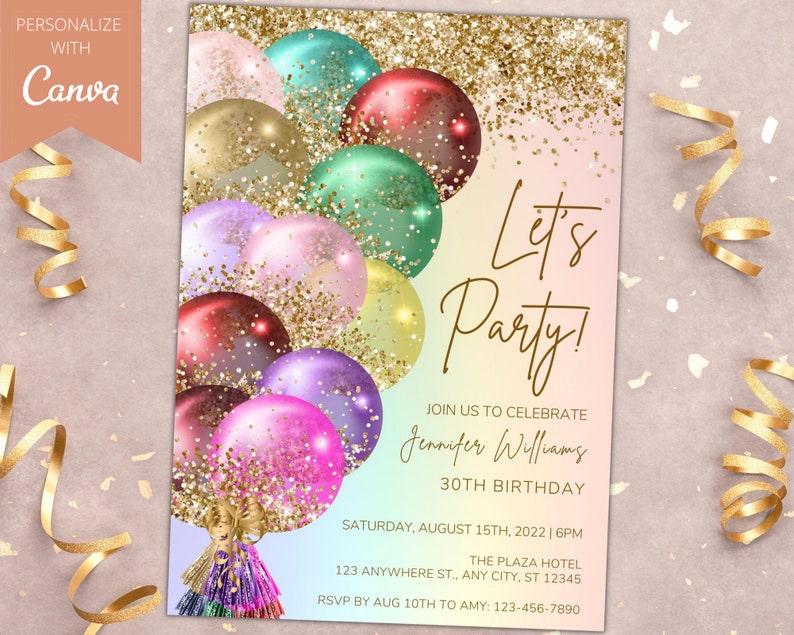 Editable Rainbow Gold Balloons Birthday Party Invitation | Etsy