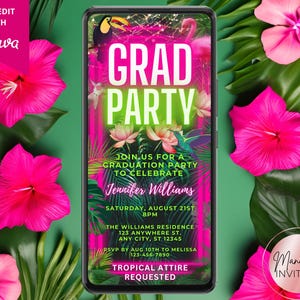 Digital Tropical Pink Neon Graduation Party Invitation, Luau BBQ, Grad Announcement, Phone Text Evite, Editable Template, Instant Download