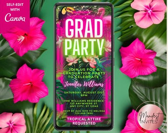 Digital Tropical Pink Neon Graduation Party Invitation, Luau BBQ, Grad Announcement, Phone Text Evite, Editable Template, Instant Download
