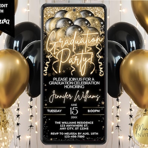 Invito digitale per la festa di laurea, palloncini oro nero neon, annuncio di laurea, invito telefonico, modello modificabile, download immediato