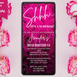 Fiesta sorpresa digital rosa fuerte rosas florales invitación a fiesta de cumpleaños, texto de teléfono electrónico Evite, plantilla editable, descarga instantánea