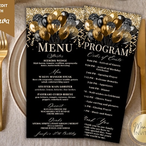 May include: Black and gold menu and program cards with a balloon design. The menu lists starters, main courses, desserts, and drinks. The program outlines the order of events for a celebration. Gold utensils and a plate are in the foreground.