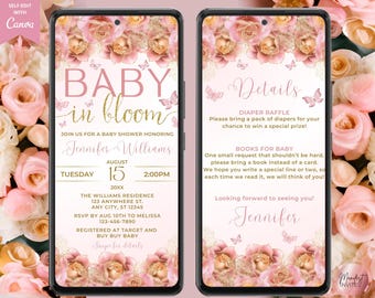 Digital Baby In Bloom Pink Gold Floral Girl Baby Shower Invitation, Shower Details, Text Evite, Editable Template, Instant Download, BP59