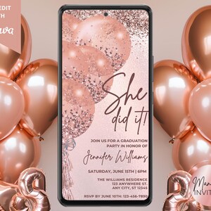 Digital sie hat es gemacht Abschlussfeier Einladung, Rose Gold Luftballons, High School College, Text Evite, bearbeitbare Vorlage, Sofort Download
