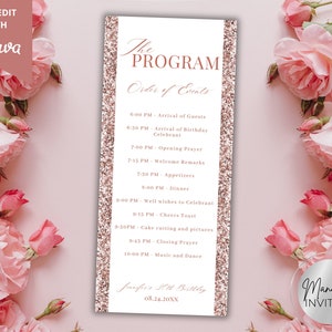Plantilla editable de programa de evento de cumpleaños con purpurina dorada rosa, agenda de itinerario de cena de cumpleaños, orden de eventos, descarga instantánea