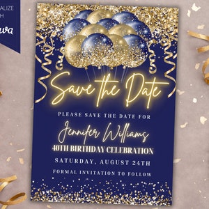 Bearbeitbare blau goldene Glitzerballons Speichern Sie die Datumsparty-Einladung, druckbare Karte und Text Evite, bearbeitbare Vorlage, sofortiger Download