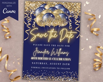Editable Blue Gold Glitter Balloons Save the Date Party Invitation, Printable Card and Text Evite, Editable Template, Instant Download