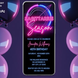Sagittarius Zodiac Birthday Digital Invitation, Electronic Party Invite, Neon Sagittarius Season, Evite, Editable Template, Instant Download