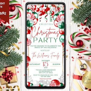 Digital Festive Christmas Party Holiday Invitation, Winter Party, Red Green Candy Cane Balloons, Phone Evite, Editable Template, Download