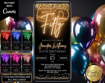 Puede incluir: Una invitación digital para una fiesta de cumpleaños número 50 con un fondo de purpurina dorada y texto rosa neón que dice "50 Fifty". La invitación incluye el nombre "Jennifer Williams", la fecha "15 de agosto de 20XX" y la hora "8:00 PM".