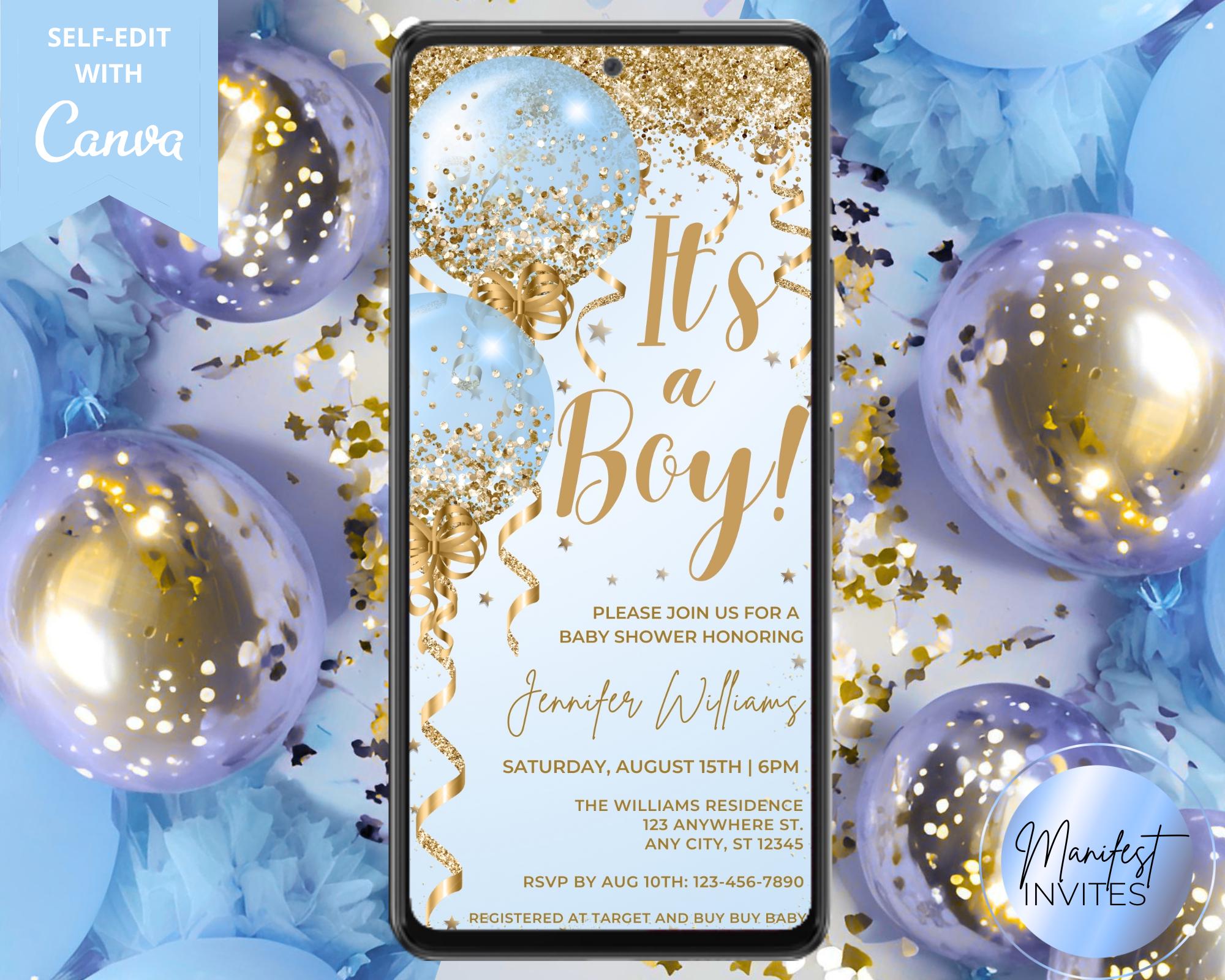 Digital It's a Boy Glam Blue Gold Glitter Balloons Baby Shower ...
