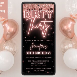Digitale Rose Gold Dirty Thirty 30th Birthday Party Einladung, elektronischer Text Evite, Neon Glitter Drip, bearbeitbare Vorlage, Sofortiger Download