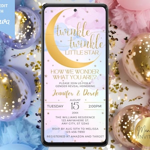 Digital Twinkle Twinkle Little Star Gender Reveal Party Invitation, Pink Blue Gold Moon Stars Clouds, Editable Template, Instant Download